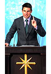 Ilustrace: Scientologické hvězdy - Tom Cruise u scientologického kec-pultu.